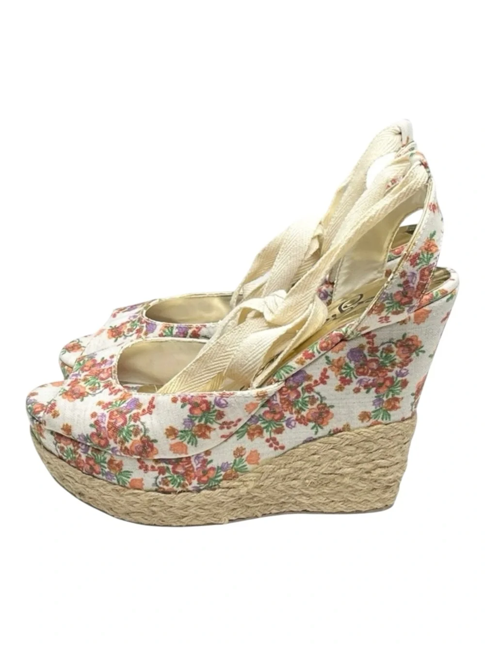 new Sergio Zelcer ❀ Platform Ankle Wrap Floral Print Sandal Espadrilles ❀ Cream